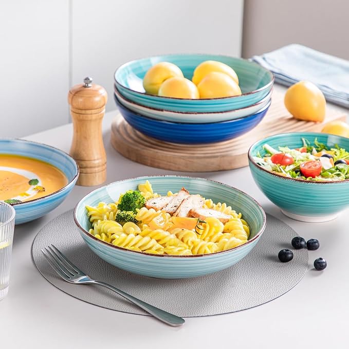 vancasso Bonita Stoneware Dinnerware Sets 24 Pieces Service for 6, Hand-Painted Spiral Dishes Set, Ceramic Kitchen Plates and Bowls Sets-Microwave and Dishwasher Safe (Blue,24 Pcs)