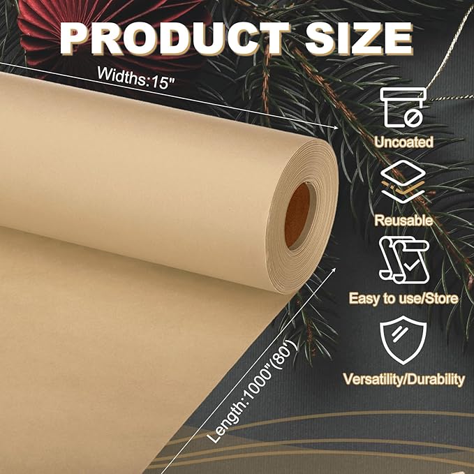 PATIKIL Wrapping Paper, 15"x1000"(80') Bulletin Board Paper Roll Kraft Paper Roll Construction 80GSM for Shipping Packing Gift Wrapping Craft Flower Bouquet Christmas, Brown