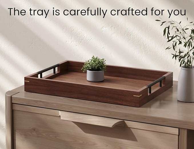 Fibogollo Walnut Wood Serving Tray with Metal Handles,17x12in Ottoman Decorative Trays Platter for Coffee Table,Living Room,Bar(Large)