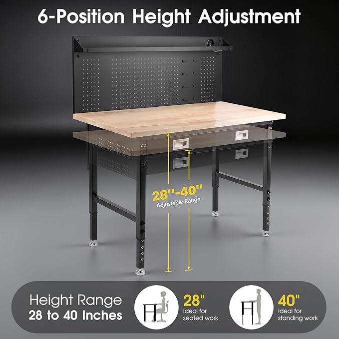 60" Adjustable Work Bench with Drawers, Workbench for Garage with Strip Light, Work Table with Large Pegboard, 2000 LBS Heavy Duty Table with Power Outlet Rubber Wood for Office, Workshop