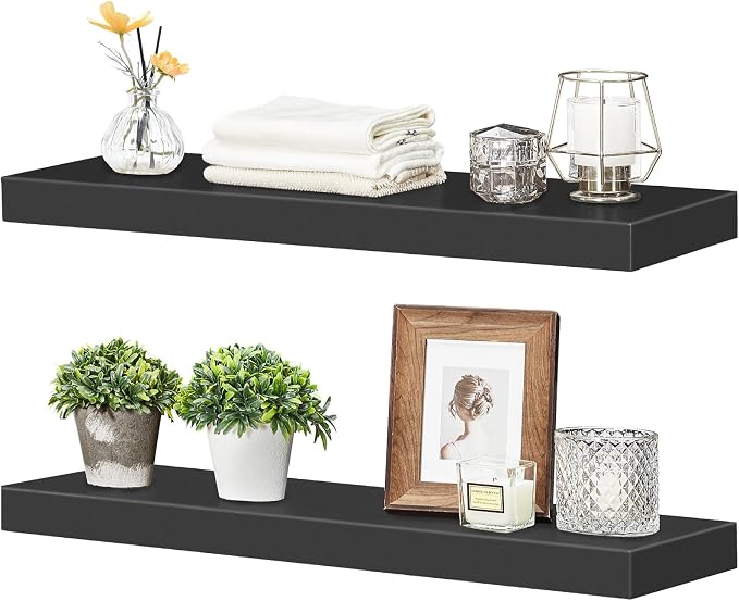 HOOBRO Floating Shelves for Wall, Wall Mounted Shelf Set of 2, 23.6" Hanging Shelf with Invisible Brackets, for Wall Decor Storage in Bathroom Bedroom Kitchen Living Room Office, Black BK60BJ01