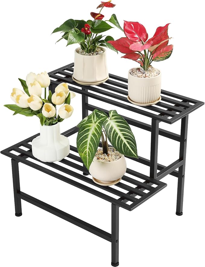 Dipion Metal Plant Stand Outdoor Plant Shelf Indoor,2 Tier Heavy Duty Ladder Plant Stands for Multiple Plants,26" L x 20.25" H x 17.75" W,Black
