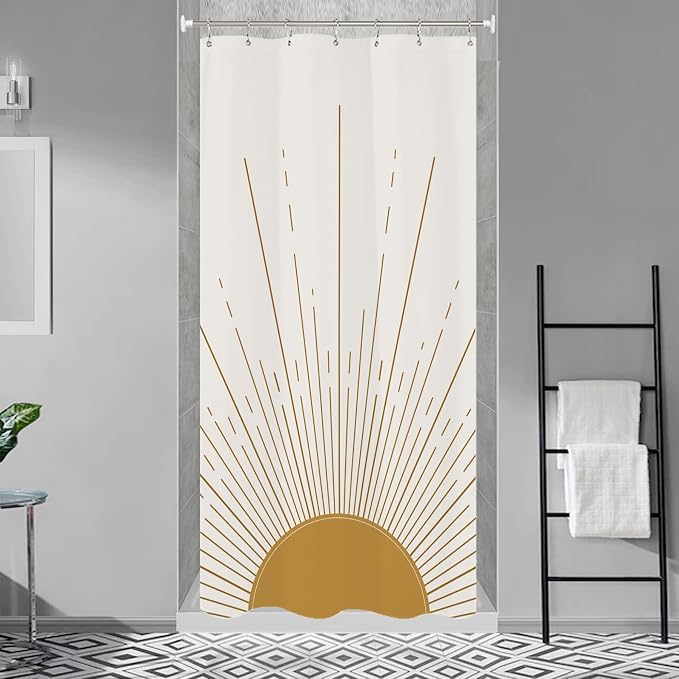 Miyotaa Stall Abstract Sun Shower Curtain Set 36Wx71H Inches Half Small Modern Minimalist Mid Century Aesthetic Sunburst Sunrise Simple Polyester Waterproof Bathroom Curtain with Hooks