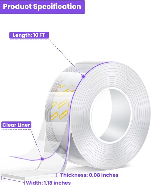 Heavy Duty Double Sided Tape by Upgraded - Extra Large Nano Adhesive for Picture Hanging | 1.18 x 120 In, Clear & Tough