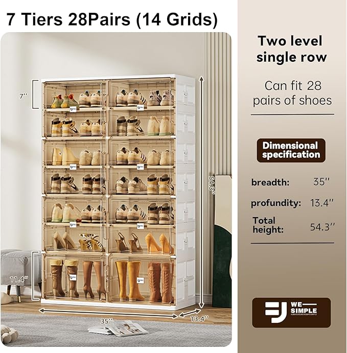 wesimple 28 Pairs Shoes and Boots Storage Cabinet of 3-Step Fast Installation,Plastic Shoe Box with Clear Magnetic Door for Display, Shoe Organizer for Sneaker, Sandals, Heels (2 Row, 7 Tier)