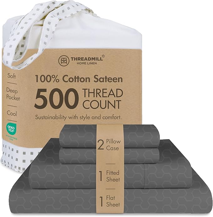 Threadmill 500 Thread Count Queen Size 4 Pc Luxury Cotton Bedding Sheets, Jacquard Floria Dark Grey, Silky Smooth Sheets with 16" Elasticized Deep Pocket, 2 Pillowcases & Free Tote Bag