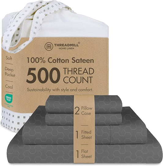 Threadmill 500 Thread Count Queen Size 4 Pc Luxury Cotton Bedding Sheets, Jacquard Floria Dark Grey, Silky Smooth Sheets with 16" Elasticized Deep Pocket, 2 Pillowcases & Free Tote Bag