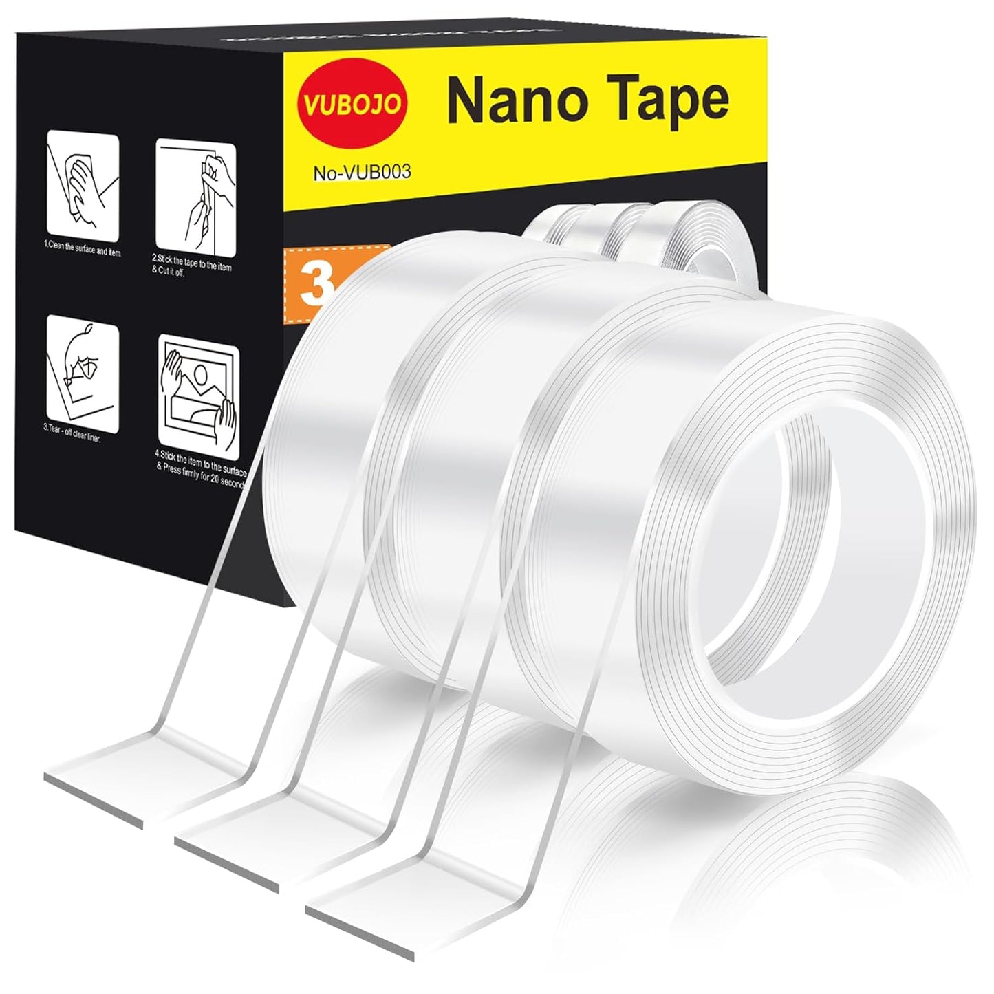 VUBOJO Double Sided Tape - Heavy Duty Removable Nano Adhesive | 3 Rolls, 360" x 1.18" (30FT)