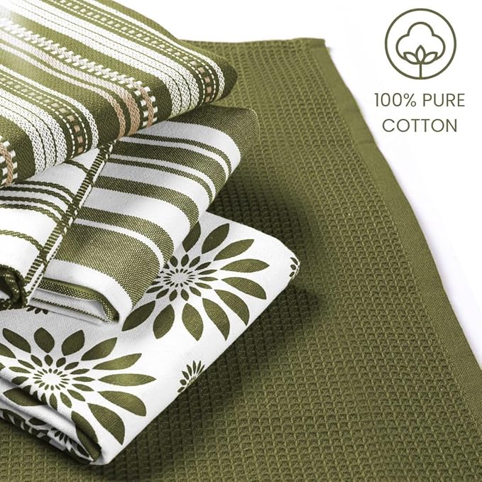 Assorted Kitchen Towels Large 16x26 inches 100% Cotton Set of 5 - Soft Absorbent Washable Tea Towel for Kitchen - Dish Cloths with Hanging Loop - Quick Drying Dish Towels Green