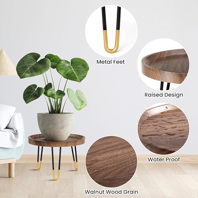 OBTAIN Plant Stand Indoor Outdoor,2 Set Mid Century Style Walnut Wood Color Plant Stand,Waterproof Design Modern Plant Table,Easily Assemble Come With Tools,Nice For Room Decor (M,L)