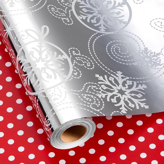 MAYPLUSS Christmas Wrapping Paper Roll - 17IN X 33FT - Silver Gift Wrapping Paper Featuring Snowflake Against Silver Reversible Polka Dot for Kids, Holiday, New Year