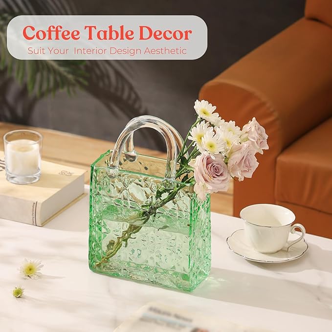 Purse Vase, Glass Bag Vase, Glass Purse Vase for Flowers, Green Vases, 12 Inch Large Flower Vases with Embossed Pattern for Wedding, Living Room, Bedroom, Table, Office(Tote)