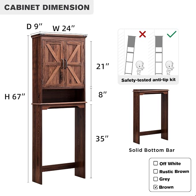 ACCOHOHO Over The Toilet Storage Cabinet, Farmhouse Bathroom Cabinet with Adjustable Shelf & Barn Door, 67" Tall Over The Toilet Shelf, Brown