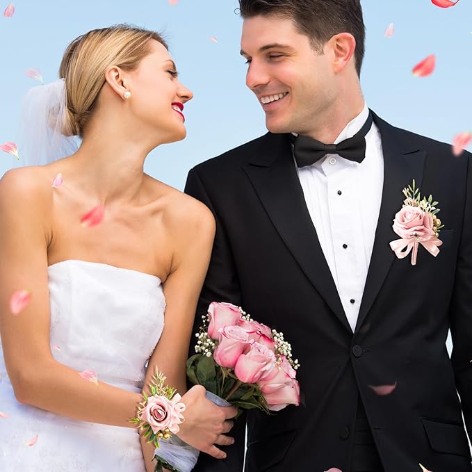 2 Pcs Pink Rose Wrist Corsage and Boutonniere Set, Rose Corsage Hand for Women, Boutonniere for Men Wedding Artificial Flowers Accessories Prom Decor, Wedding Party Accessories (Pink)