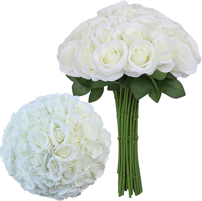 Artificial Rose Flower Artificial Flowers Flower with Long Stem Silk Roses Bouquet for Wedding Bridal Shower Party Home Decoration (White, 30 Pcs)