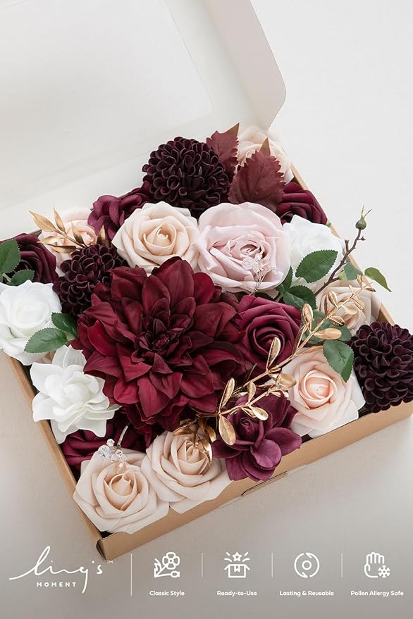 Ling's moment Fake Flowers Box, Faux Artificial Greenery Stems Foam Roses Gardenia Silk Dahlia Fabic Flower for Centerpieces Bouquet Wedding Vase Decorations, Marsala & Soft Peach, Grand Combo