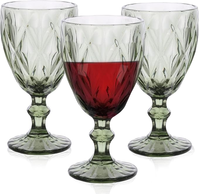Taganov Green Drinking Glasses Wine Goblets set of 6 Colored Vintage Glassware 10 OZ for Wedding Party Bar New Year Christmas