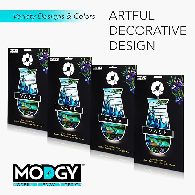 MODGY Expandable Flower Vase, Plastic Decorative Modern Foldable Printed Vases for Centerpieces for Wedding, Dining Table, Home Decor, Living Room, Bathroom, Iris Landscape, Louis C. Tiffany, 4 Pack