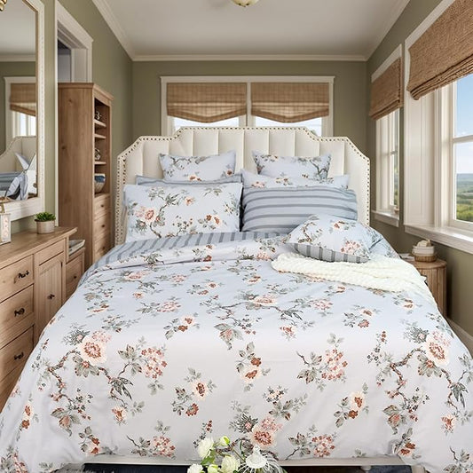 FADFAY Duvet Cover Set Queen Elegant Floral Bedding Shabby Grey Bird Print Flower Quilt Cover Set Vintage Farmhouse Bedding 100% Cotton Soft Comforter Cover Set with Zipper Closure 3Pcs, Queen Size