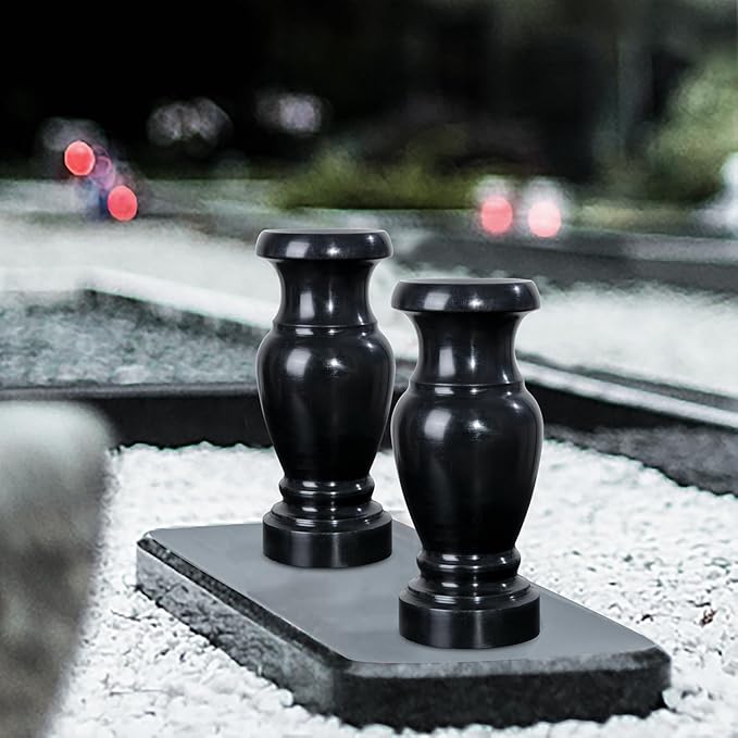 Cemetery Vase, Granite Grave Vase Memorial Stone Vases for Home Tabletop, Artificial or Fresh Flowers, Cemetery Grave Headstone Decorations (2Pcs, Black), No Draining Hole