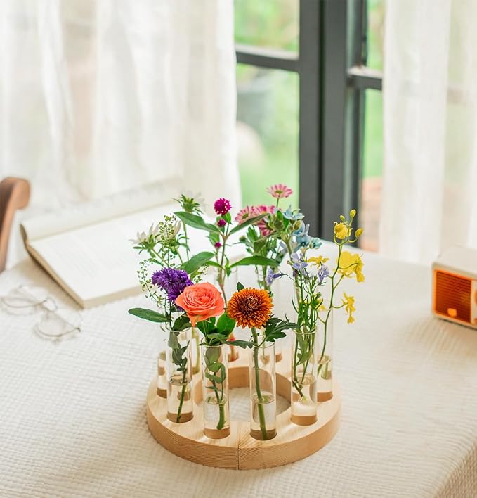 Melphoe Glass Bud Vases Small Flower Vase for Centerpieces Wedding Table Decorations, Home Decor, Propagation Station Plant Terrarium with Wooden Stand, Unique Plant Lover Gifts for Women (Beige)