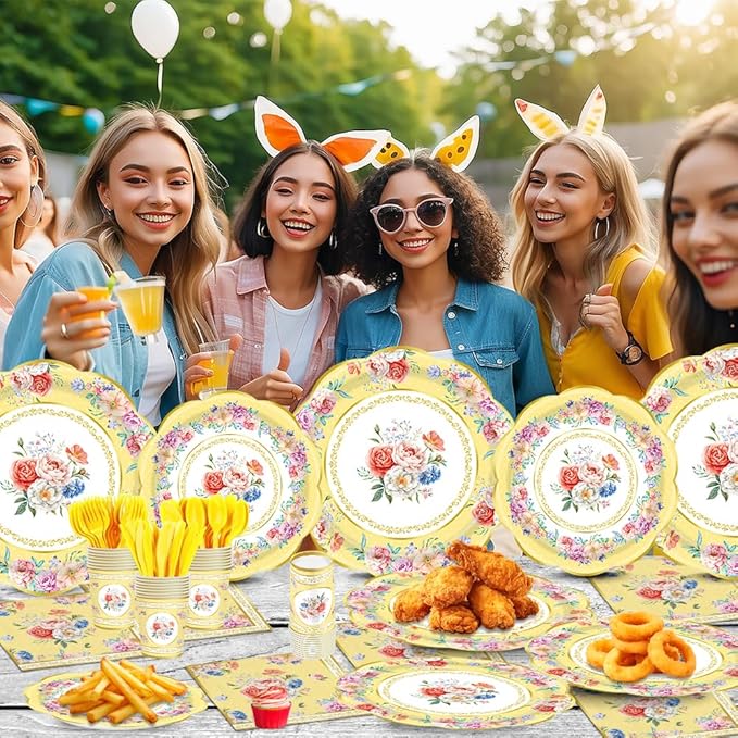 140Pcs Tea Party Decorations Tableware Set Floral Plates and Napkins for Birthday Party, Baby Showers, Bridal Showers, Wedding Bachelorette Party Supplies Floral Tea Party Plates, Serves 20 (Yellow)
