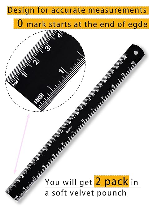 Zotemo Metal Ruler 12 Inch, Metric Ruler Dual Scale with Laser Etched Measurement, 2 Pack Easy to Read Aluminum Straight Edge with Inch to Millimetre Conversion Table for Office Back to School Student