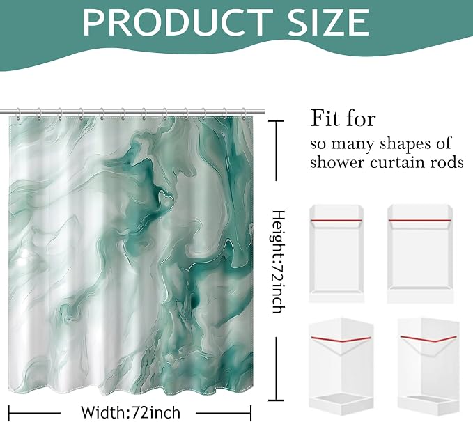 Mocsicka Shower Curtains for Bathroom, Teal Marble Shower Curtain for Bathroom, Abstract Teal and White Shower Curtain Modern Art Decor Waterproof Bath Curtain for Modern Bath Decor, 72 X 72 Inch