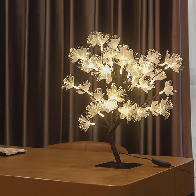 Drawelry Fiber Optic Flower Tree Lamp - 48 LED Table Night Light USB Powered Artificial Flower Bonsai Tree Lamp Bedroom Living Room Decor Valentine's Day Birthday Gift for Women Girls Mother (White)