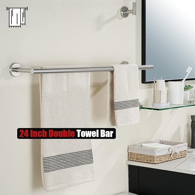 JQK Double Towel Bar 27 Inch, Brushed Steel Useable Length 24 Inch 304 Stainless Steel Thicken 0.8mm Bath Towel Rack for Bathroom, Towel Holder Wall Mount, TB100L24-BN