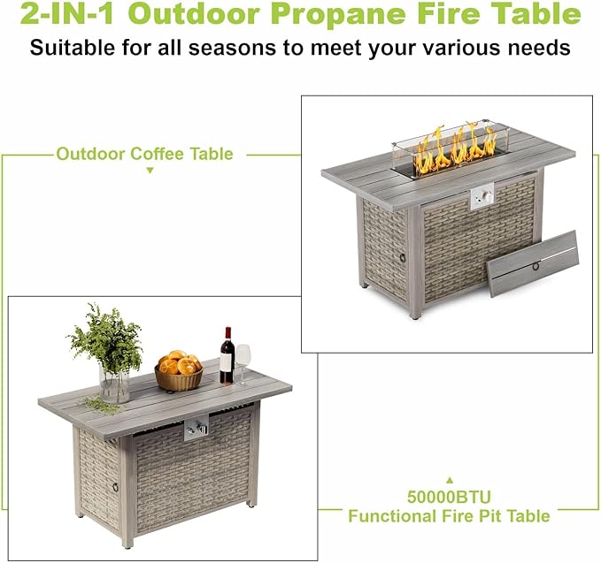 43" Rectangular Propane Fire Pit for Outside Patio 2 in 1, 50,000 BTU Fireplaces with Lid, Glass Rocks, Cover