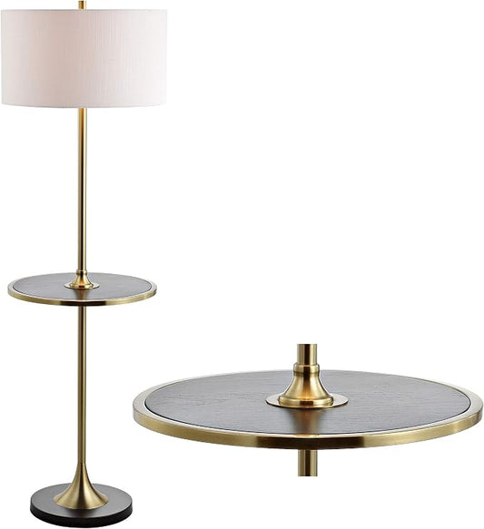 JONATHAN Y 59" Black/Brass Gold Floor Lamp with Integrated Wood Side Table, Contemporary Metal Standing Lamp for Living Room, White Linen Shade, LED Bulb Included, UL Listed JYL3056A