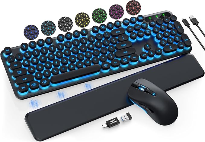 Wireless Keyboard and Mouse Backlit - Typewriter Keyboard with Magnetic Wrist Rest, Retro Round Keycaps, Light Up Letters, 2.4GHz Cordless Combo for Mac, Windows, PC, Laptop, Trueque [Upgraded]
