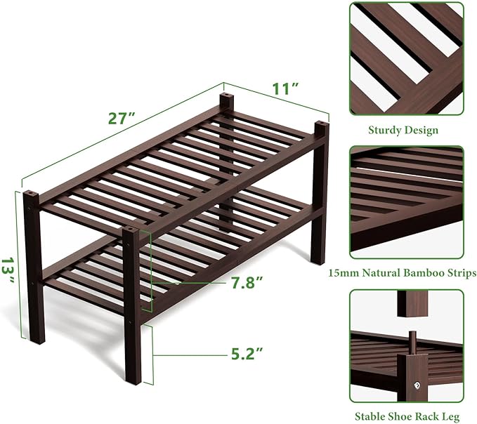 RONGJlA 2 Tier Bamboo Shoe Rack for Closet Free Standing Wood Shoe Shelf Storage Organizer for Entryway Small Space Stackable, Natura Brown