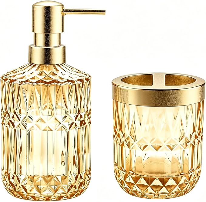 2Pcs Golden Bathroom Accessories Set, Glass Bathroom Accessories, Vintage Bathroom Countertop Decoration Includes Soap Dispenser, Toothbrush Holder
