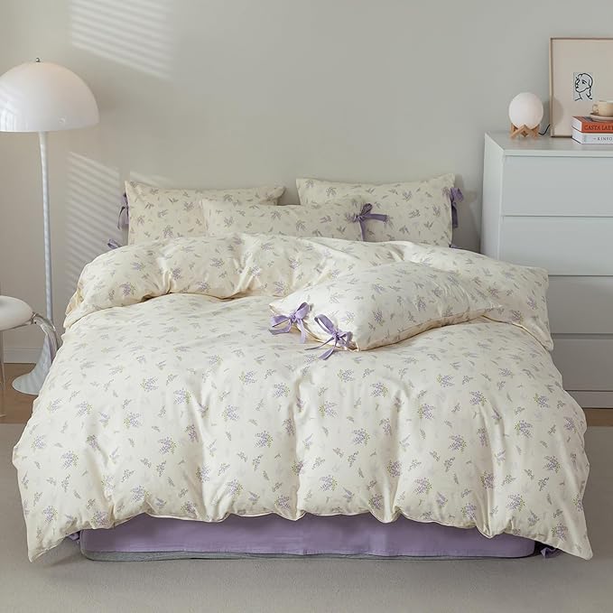 HighBuy Botanical Floral Duvet Cover Queen Boho Duvet Cover Set Soft Cotton Coquette Bedding White Duvet Cover Comforter Cover Vintage,Soft Cotton Queen Bedding Set with 2 Bowknot Bow Tie Pillowcases