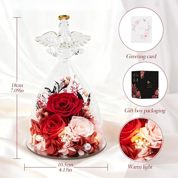 Christmas Rose Gifts for Women, 7" Red Preserved Roses Flowers in Glass Angel Figurine, Birthday Gift for Mom Wife Grandma, Eternal Rose for Mothers Day Valentines Anniversary