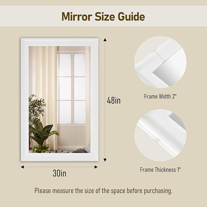 CULER White Wall Mirror for Bathroom,Rectangle Rustic Large 30 x 48 inch Hanging Vanity Mirrors for Living Room,Bedroom,Entryway
