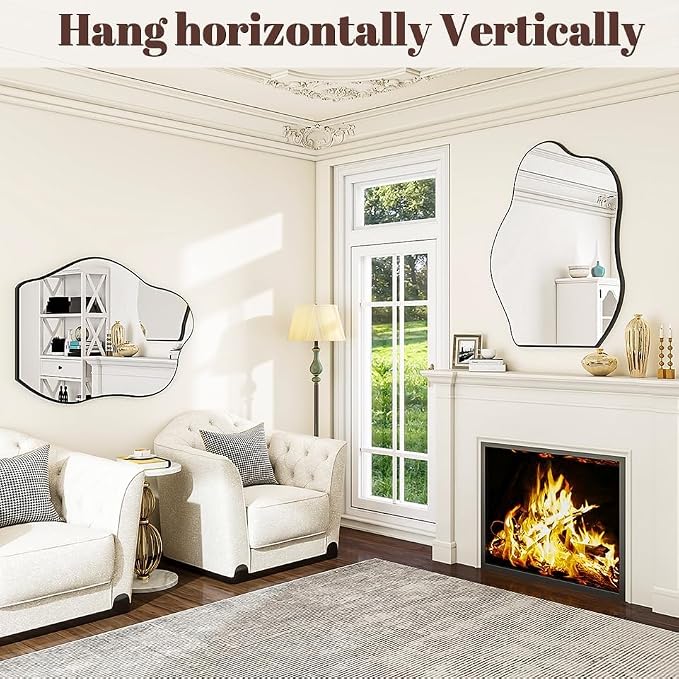 BEAUTYPEAK Asymmetrical Mirror, 20 x 28 Inches Irregular Wall Mirror, Wood Frame Unique Shape Wall Mounted, Decorative for Living Room Bedroom Entryway Hallway