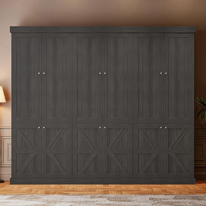 Vyre 70.8" Tall Bookshelf with Doors, Farmhouse Modular Bookcase with 4-Tier Adjustable Shelves, Large Storage Cabinet for Home Office, Living Room, Black, Set of 3
