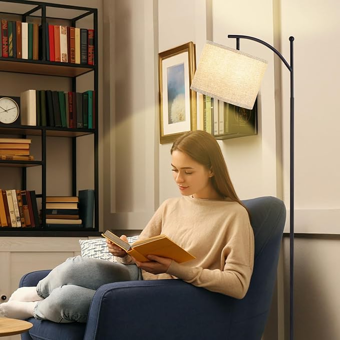 Ambimall 60" Floor Lamp for Living Room with 3 Color Temperatures, Adjustable Grey Shade with Black Pole, Tall Lamp for Bedroom Office Classroom Dorm Room, 9W Bulb Included