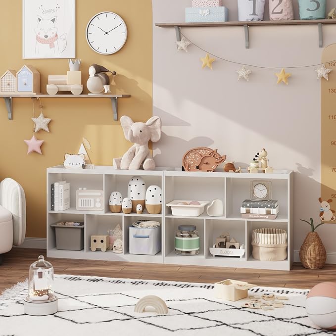 Toy Storage Organizer, 5-Section Kids Bookcase with Raised Edge, Children's Toy Shelf Cabinet for Playroom Bedroom Daycare Nursery School, Montessori Bookshelf for Boys & Girls (2-Tiers)