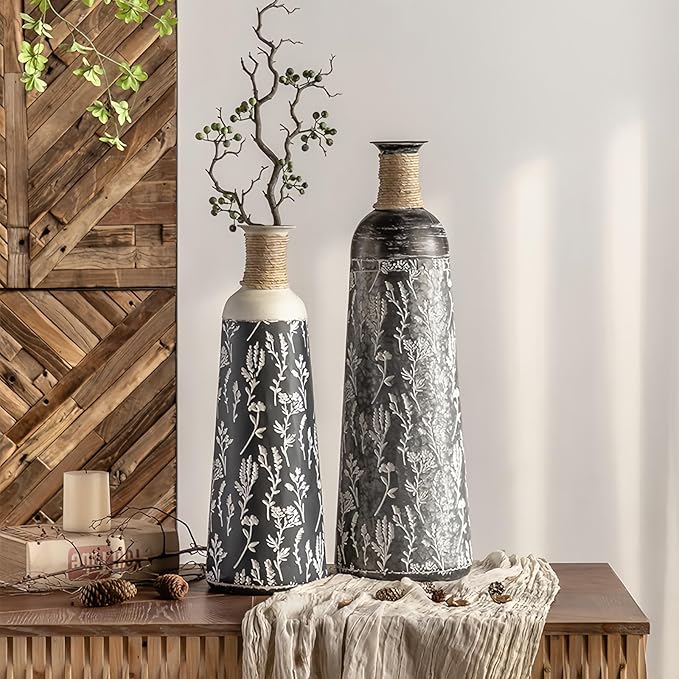 Decorative Rustic Iron Vase,23 inches 28 inches 30 inches Tall Large Metal Floor Vase,Farmhouse Vintage Floweral Vase for Living Room Home Decoration (Blue 3)