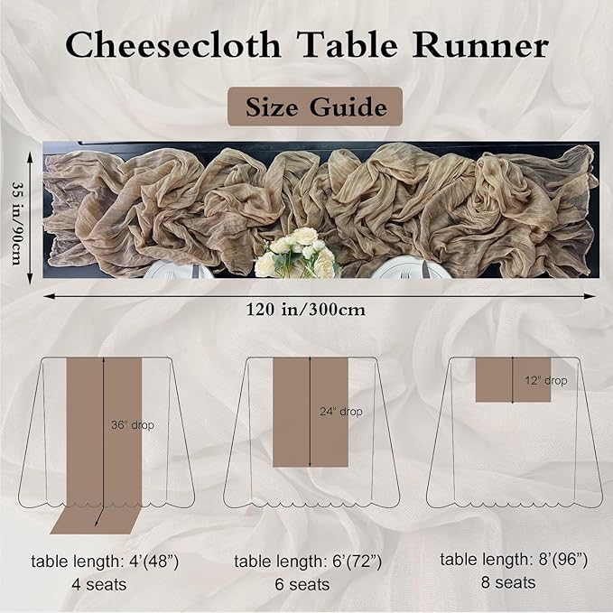 Booque Valley Nude Cheesecloth Table Runner 120 Inch 10ft Super Soft Boho Wrinkled Gauze Sheer Cloth for Baby Shower Birthday Bridal Shower Wedding Centerpiece Table Decoration, 6 Pack , Tan