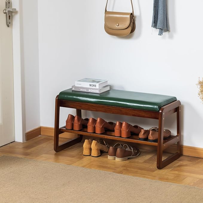 SOBIBO Solid Wood Shoe Bench, 2-Tier Entryway Bench with Cushion and Flip-Open Storage Box, Mid-Century Modern Shoe Bench Rack for Hallway, Mudroom(Green, 31.5'')