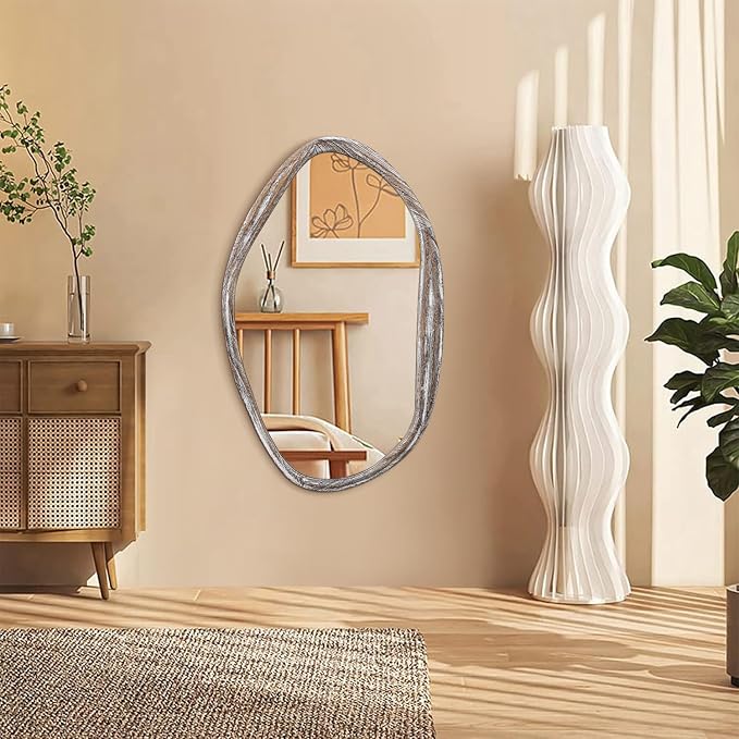 JJUUYOU Large Asymmetrical Mirrors Irregular Bathroom Wall Mirror 26"x18" Wooden Frame Modern Decorative Mirror for Makeup Bathroom Living Room,Brown