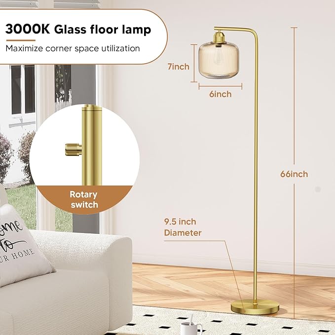 Glass Floor Lamp for Living Room, Modern Standing Lamp with Champagne Gold Ribbed Glass Lampshade, Stepless Dimmable Rotary Switch, 66” Tall Lamp & Gold Floor Lamp for Bedroom Study Room,Brushed Gold