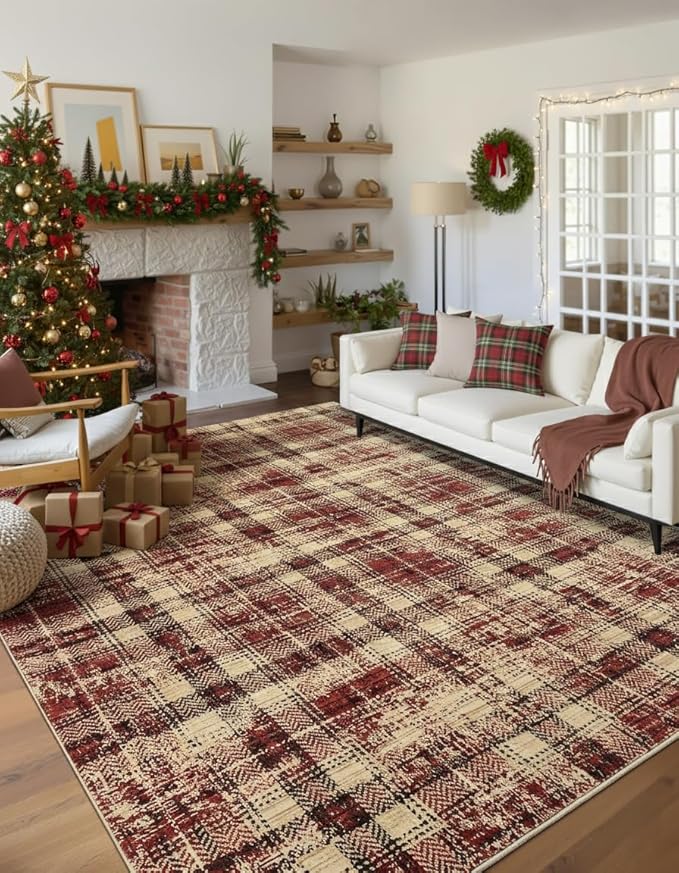 Washable Rug 10x13 Large Area Rug for Living Room Christmas Plaid Soft Bedroom Rug Non Shedding Non Slip Throw Rugs Stain Resistant Carpet for Dining Room Office Nursery Rugs 10'x13' Red
