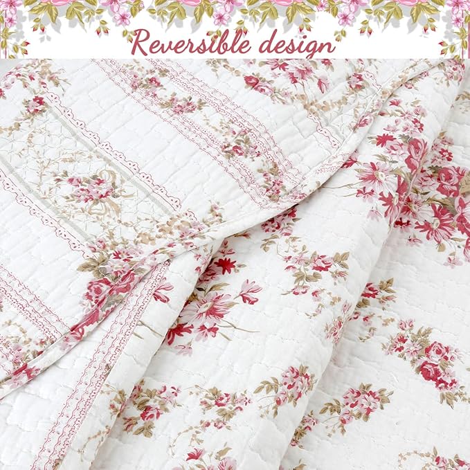 Cozy Line Home Fashions 100% Cotton Quilt Bedding Set, Pink Floral Reversible Coverlet Bedspread (Vintage Rose, King - 3 Piece)
