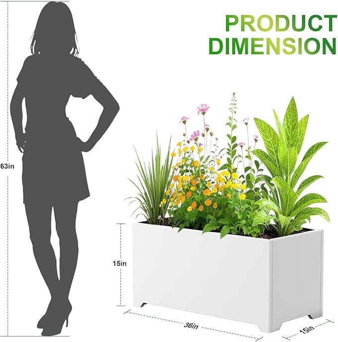 Metal Large Rectangular Planter 32" L x 15" W x 15" H,- Long Planter Box with 6 Drainage Holes & Raised Bottom, White Planter Boxes Outdoor Modern Design for Patio, Garden, Porch